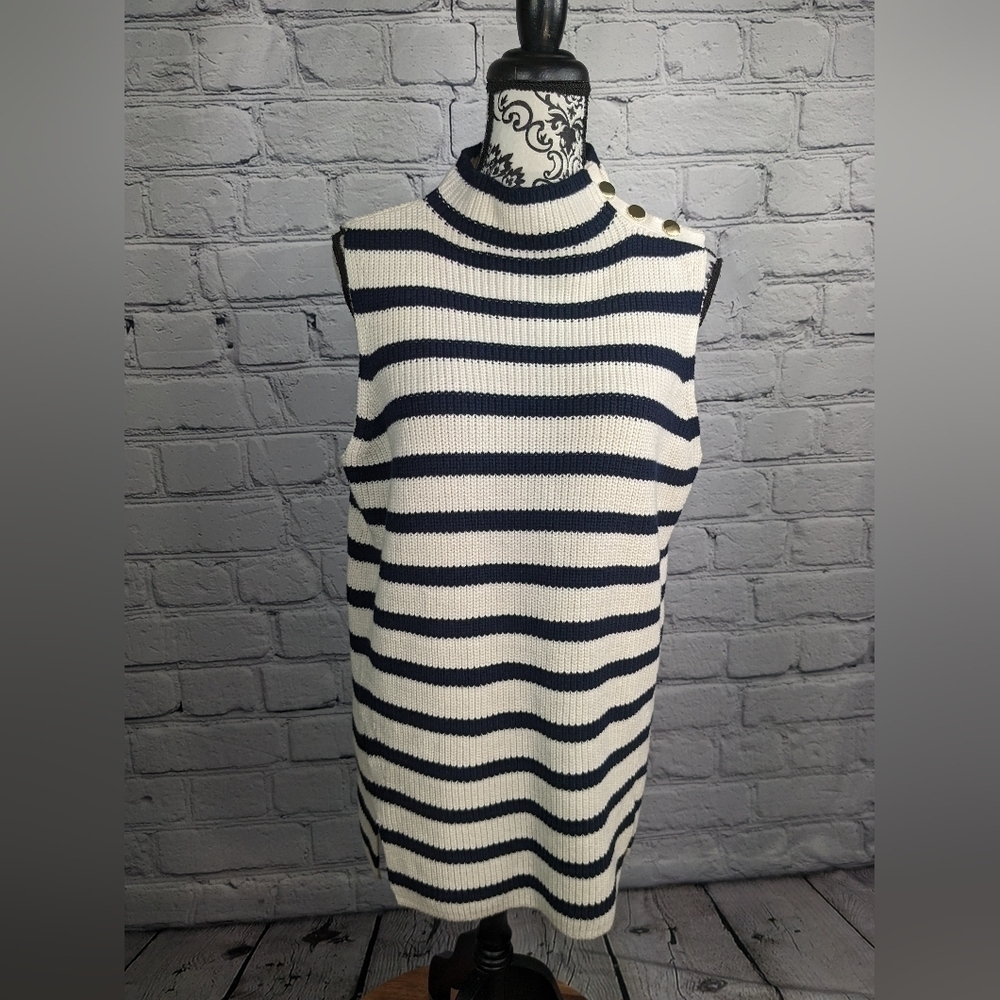 Loft women' sleeveless stretch knit sz L sweater side button striped print bb13